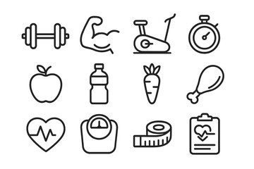 Fitness and health icons illustrating exercise, nutrition, and wellness essentials for a balanced lifestyle