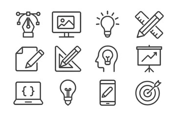 Creative design tools and elements for graphic design arranged in a grid format