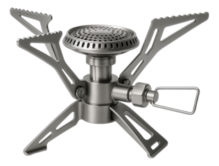 Compact portable camping gas stove with foldable metal legs and burner for outdoor cooking on transparent background.