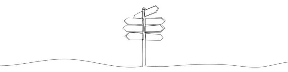 Black road sign with many arrows in one line art style. Signpost drawing with editable stroke on white background. Vector illustration.
