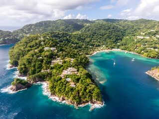 Fototapeta premium Picturesque bay nestled within lush tropical hills.