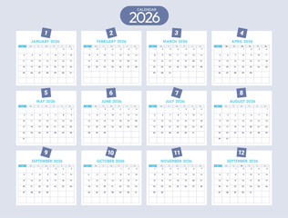 Year 2026 calendar template clipart set. Monthly calendar lay out for 2026 year clip art with 12 months pages collection for planner, schedule and to do list simple design vector illustration. 
