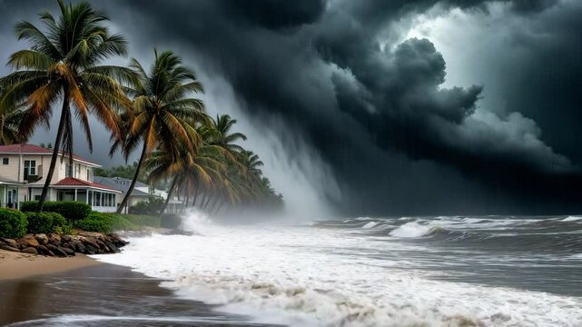 Tropical coastline under approaching hurricane storm, dark clouds and heavy rain over palm trees and beachfront houses. A powerful image of climate danger and natural disaster.