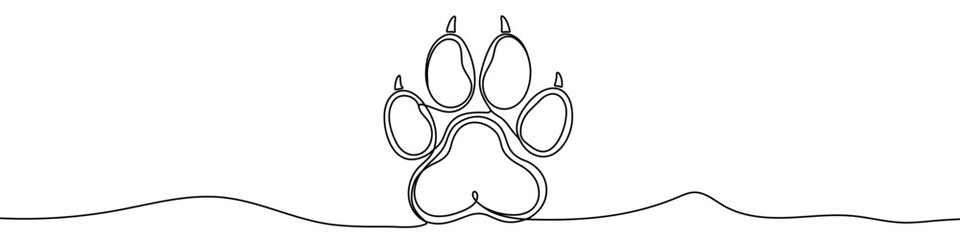 Black animal paw print in one line art style. Paw print drawing with editable stroke on white background. Vector illustration.