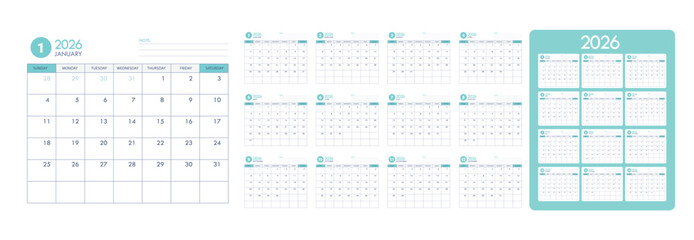 Year 2026 calendar template clipart set. Collection of 2026 monthly pages calendar planner templates and annual date clip art minimalist design vector illustration. 
