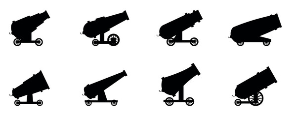 Cannon retro guns. Military pirate aggression artillery heavy medieval fight weapons vector, cannon weapon, gun vintage with wheel. vector illustration