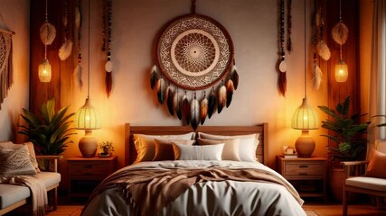 Boho dreamcatcher fully visible on the bedroom wall under warm evening light, creating a cozy and magical mood. Ideal for interior design, spirituality, and relaxation concepts. - Powered by Adobe