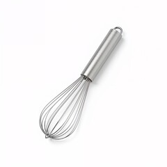 Stainless steel whisk for baking and cooking on white background, copy space
