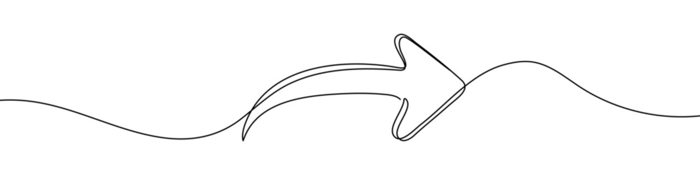 Black return arrow in one line art style. Arrow drawing with editable stroke on white background. Vector illustration.