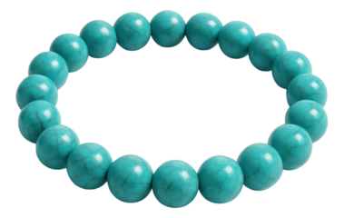 A turquoise bead bracelet made of round, polished stones arranged in a circular pattern on transparent background.