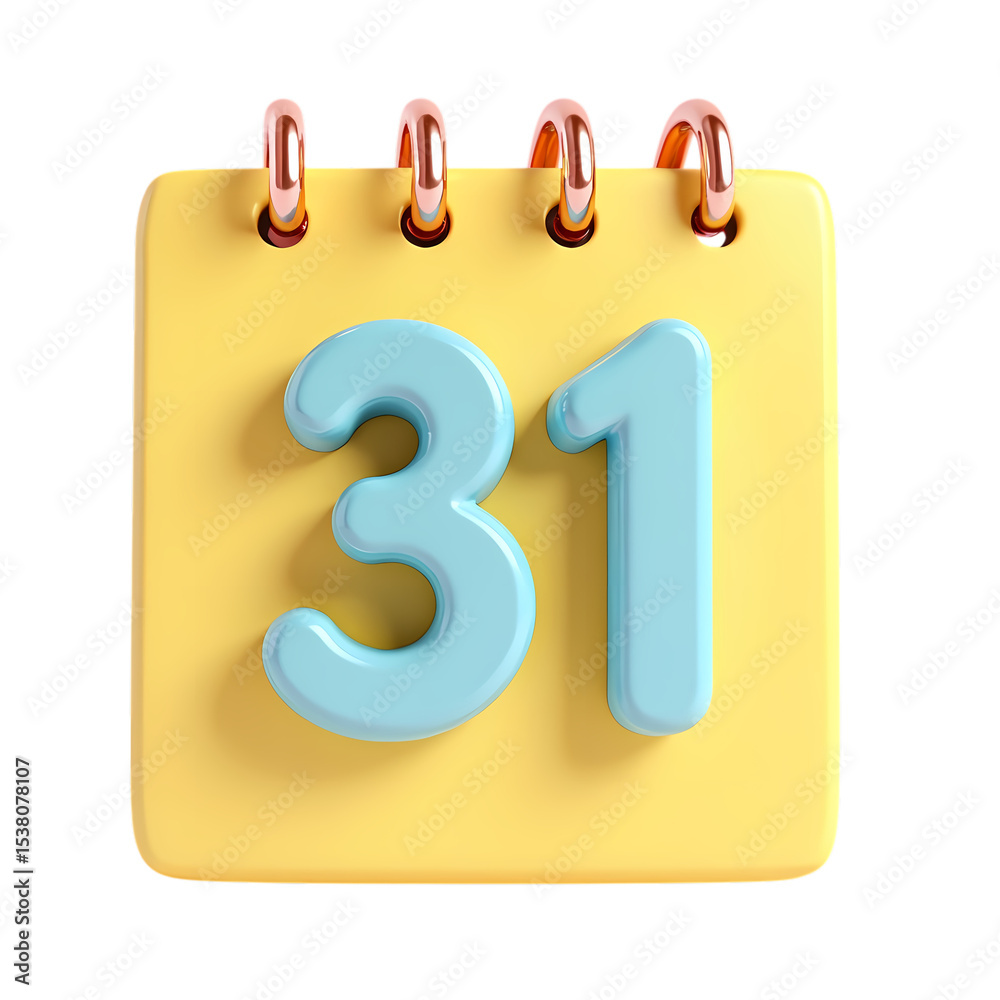 Fototapete a yellow calendar with the number thirty one in light blue on it isolated on transparent background