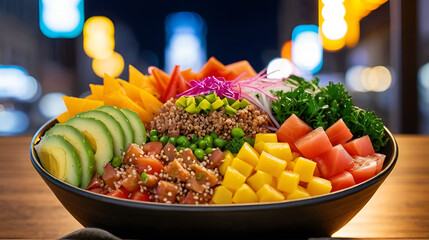 Close-up of poke bowl with colorful ingredients, urban night lights