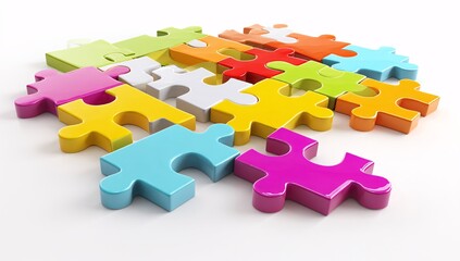 Jigsaw puzzle in colorful 3D, set against a white background in plastic design.