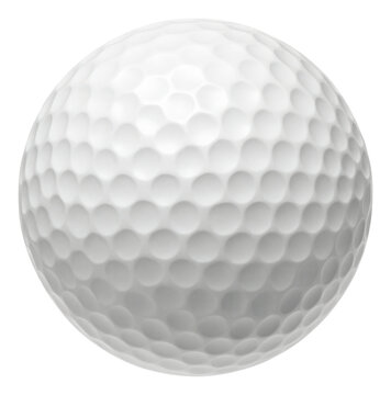 Close-up view of a white golf ball with dimples showing its textured surface on transparent background.