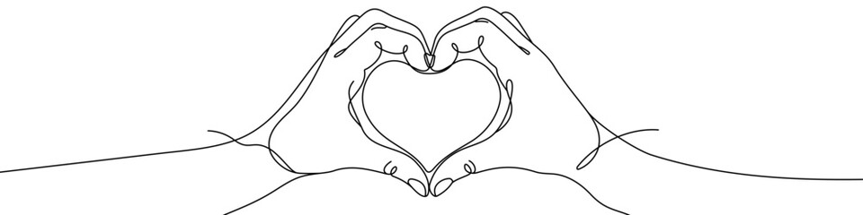 Black hands making a heart shape in one line art style. Hands drawing with editable stroke on white background. Vector illustration.