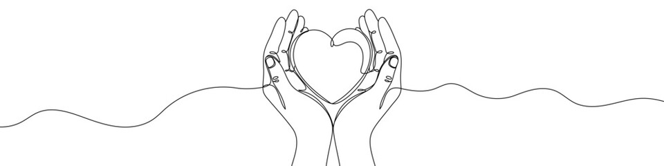 Black hands holding a heart in one line art style. Hands holding heart drawing with editable stroke on white background. Vector illustration.