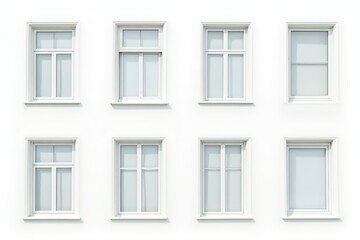 Fototapeta premium Real modern windows set isolated on white background, various office frontstore frames collection for design, exterior building aluminium facade element