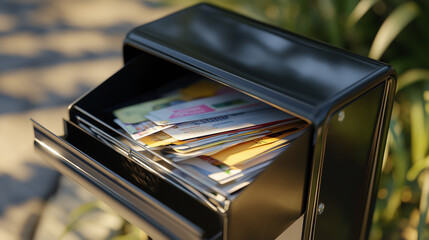Overflowing mailbox with assorted letters in sunlight