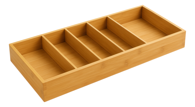 Rectangular wooden organizer with five equal compartments for storage and organization on transparent background.