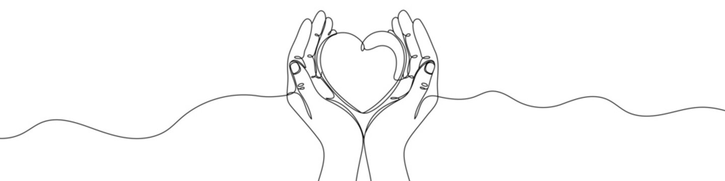 Naklejki Black hands holding a heart in one line art style. Hands holding heart drawing with editable stroke on white background. Vector illustration.
