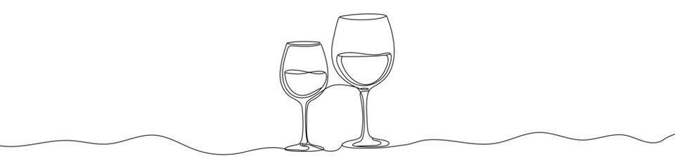 Two black wine glasses in one line art style. Wine glasses drawing with editable stroke on white background. Vector illustration.