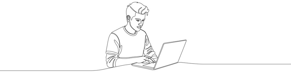 Black man working on a laptop in one line art style. Man drawing with editable stroke on white background. Vector illustration.