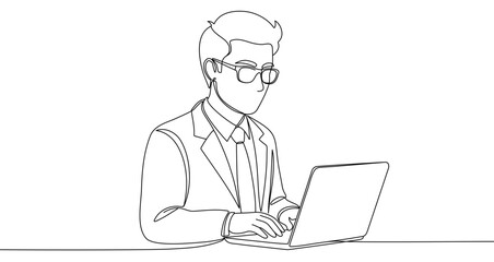 Black man working on a laptop in one line art style. Man drawing with editable stroke on white background. Vector illustration.