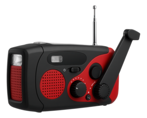 Red and black handheld emergency radio with a hand crank, flashlight, speaker, and antenna on transparent background.