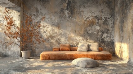 Modern loft living room with grunge stucco wall, stylish sofa, and decorative twigs in a pot, 3D render