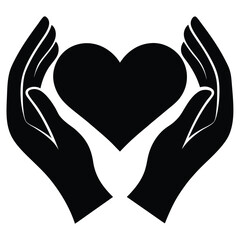 Black heart shape icon held gently by two hands symbolising care compassion and love on white background