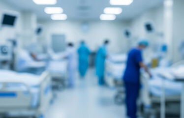Fototapeta premium Blurred image of a hospital ward with medical staff and beds.