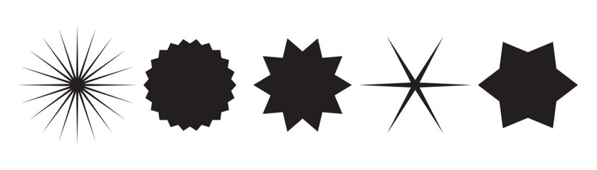 Circle sticker set. Starburst speech bubbles. Wavy edge promo black badges. Starburst shape tags for price. Blank sale stickers