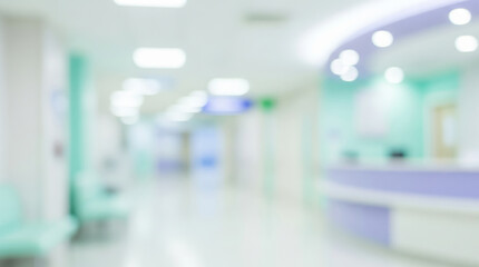 Blurred view of a hospital corridor with reception desk and seating area.