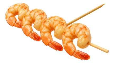Four plump shrimp skewered on a wooden stick, showcasing their vibrant orange hue on transparent background.