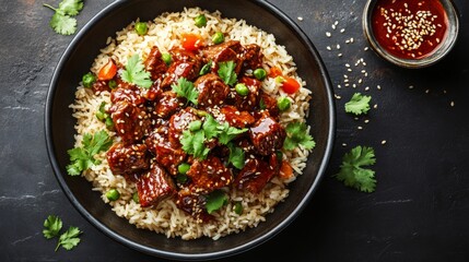 An artistic overhead view of beef rice topped with sesame seeds and fresh cilantro, set against a textured background, capturing the dish's appeal and elegance.