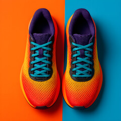 Colorful Running Shoes on Orange and Blue Backgrounds Top View