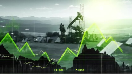 Animated Green Finance Chart Overlaying an Oil Drilling Site with Mountainous Landscape Background in Bright Sunlight - Powered by Adobe