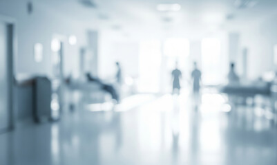 Blurred hospital hallway with beds and people in the distance.