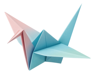 Colorful origami paper crane crafted with pink and blue gradient paper on transparent background.