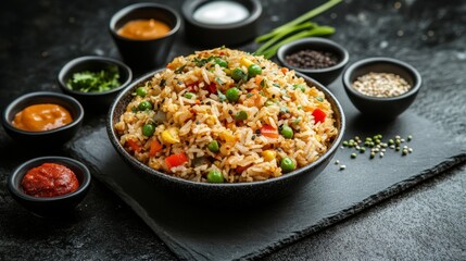 Fototapeta premium An artistic presentation of curry fried rice on a slate platter, surrounded by small bowls of accompanying sauces and condiments, perfect for a gourmet touch.