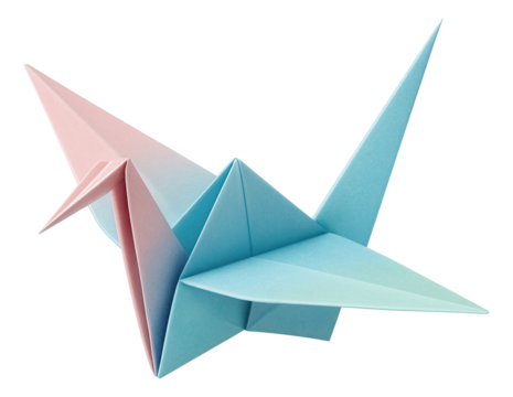 Colorful origami paper crane crafted with pink and blue gradient paper on transparent background.