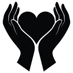 Silhouette of a heart held tenderly in two hands symbolizing care compassion and love on white background