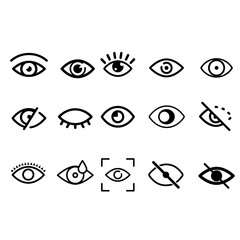 Eye vector icons. Human eyes, vision and view illustration signs. Eye icon. Visible, sleep and medicine 
supervision observe, lens or cry symbols set.