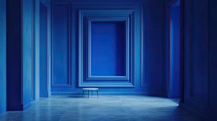 Modern Minimalist Decor with Empty Frame and Side Table Against Deep Blue Wall for Style 
