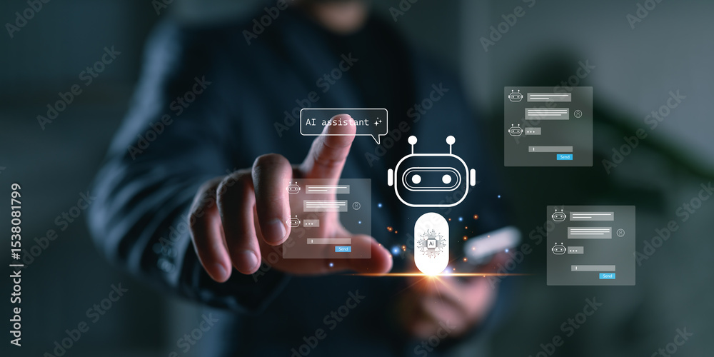 Poster ai assistant concept with chatbot icon, user interface and digital communication panels, ideal for i
