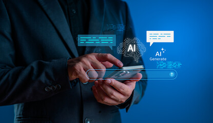 AI text generator concept on smartphone, showing artificial intelligence creating content. Ideal for NLP, chatbot, AI apps, mobile innovation and digital content automation visuals.
