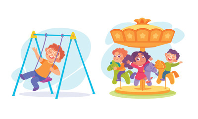 Obraz premium Joyful Kids Happily Playing Enjoying Swing Sets and a Colorful Carousel Ride Full of Fun