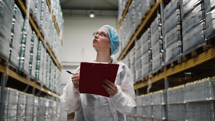 Female supervisor wearing lab coat and hairnet writing notes on clipboard while inspecting goods and merchandise stored on shelves in large distribution warehouse - Powered by Adobe