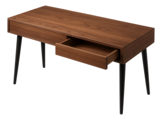 Modern wooden desk with black tapered legs and an open drawer on transparent background.