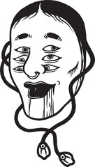 hand drawn japanese ghost or oni horror, creepy mask